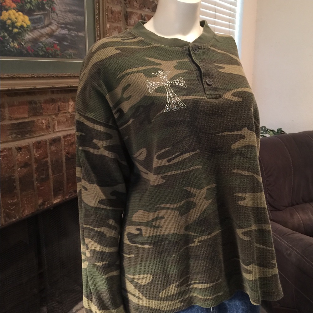 Rhinestone Cross Long Sleeve Camo Shirt